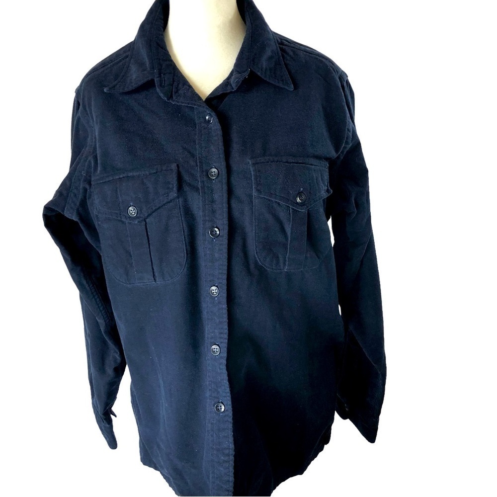 L.L.Bean Flannel Cotton Shirt Women 16 Navy Full Buttoned Front Long Sleeves